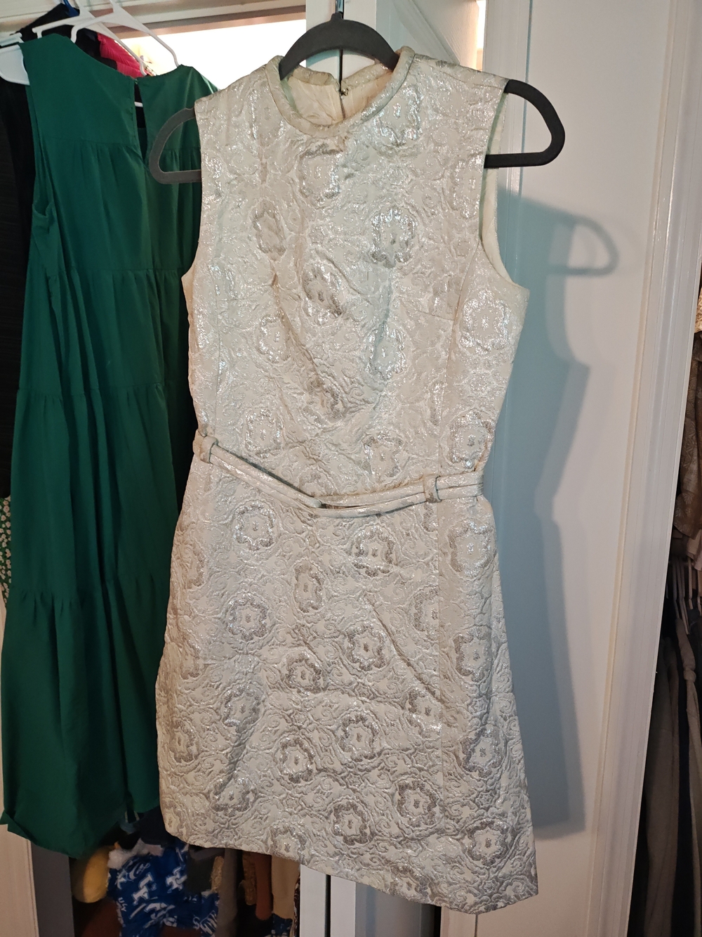 Sleeveless Cream Metallic Jacquard Dress with Belt